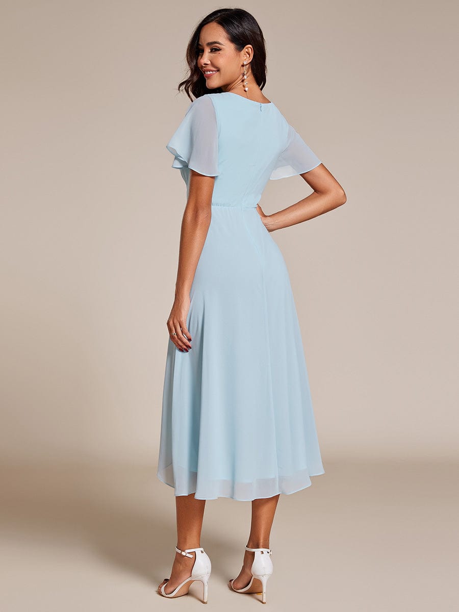 Pleated Chiffon Ruffles Sleeve Midi Bridesmaid Dress #color_Sky Blue