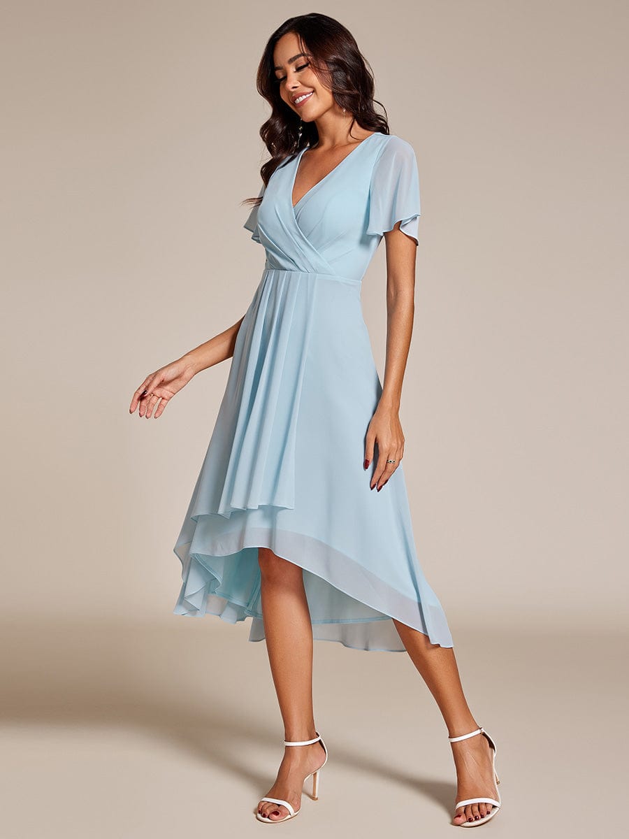 Pleated Chiffon Ruffles Sleeve Midi Bridesmaid Dress #color_Sky Blue