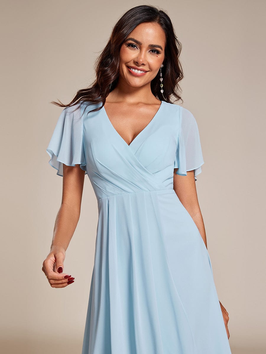 Pleated Chiffon Ruffles Sleeve Midi Bridesmaid Dress #color_Sky Blue