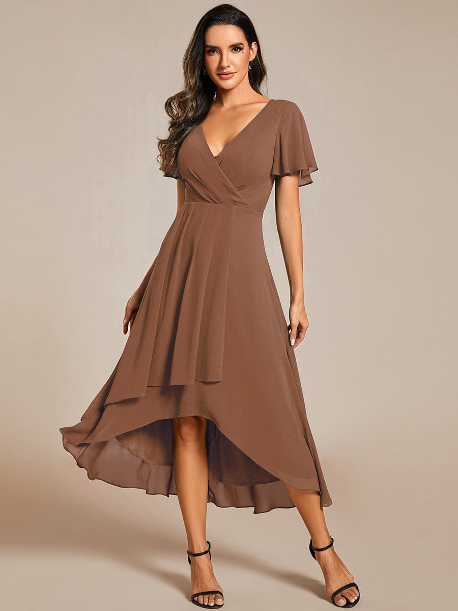 Custom Size Ruffles Sleeve Pleated V-Neck A-Line Midi Chiffon Wedding Guest Dress #color_Brown