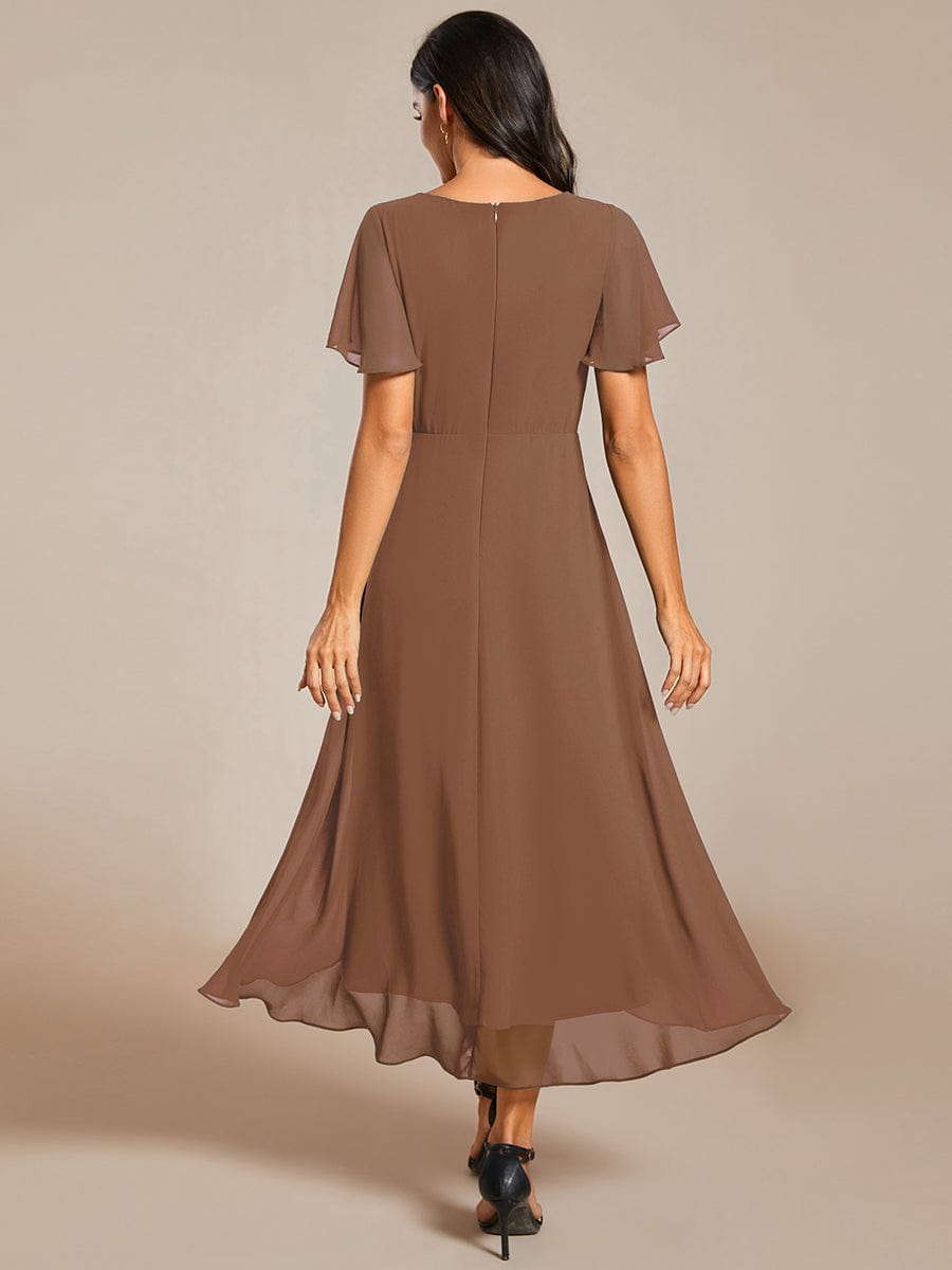 Custom Size Ruffles Sleeve Pleated V-Neck A-Line Midi Chiffon Wedding Guest Dress #color_Brown