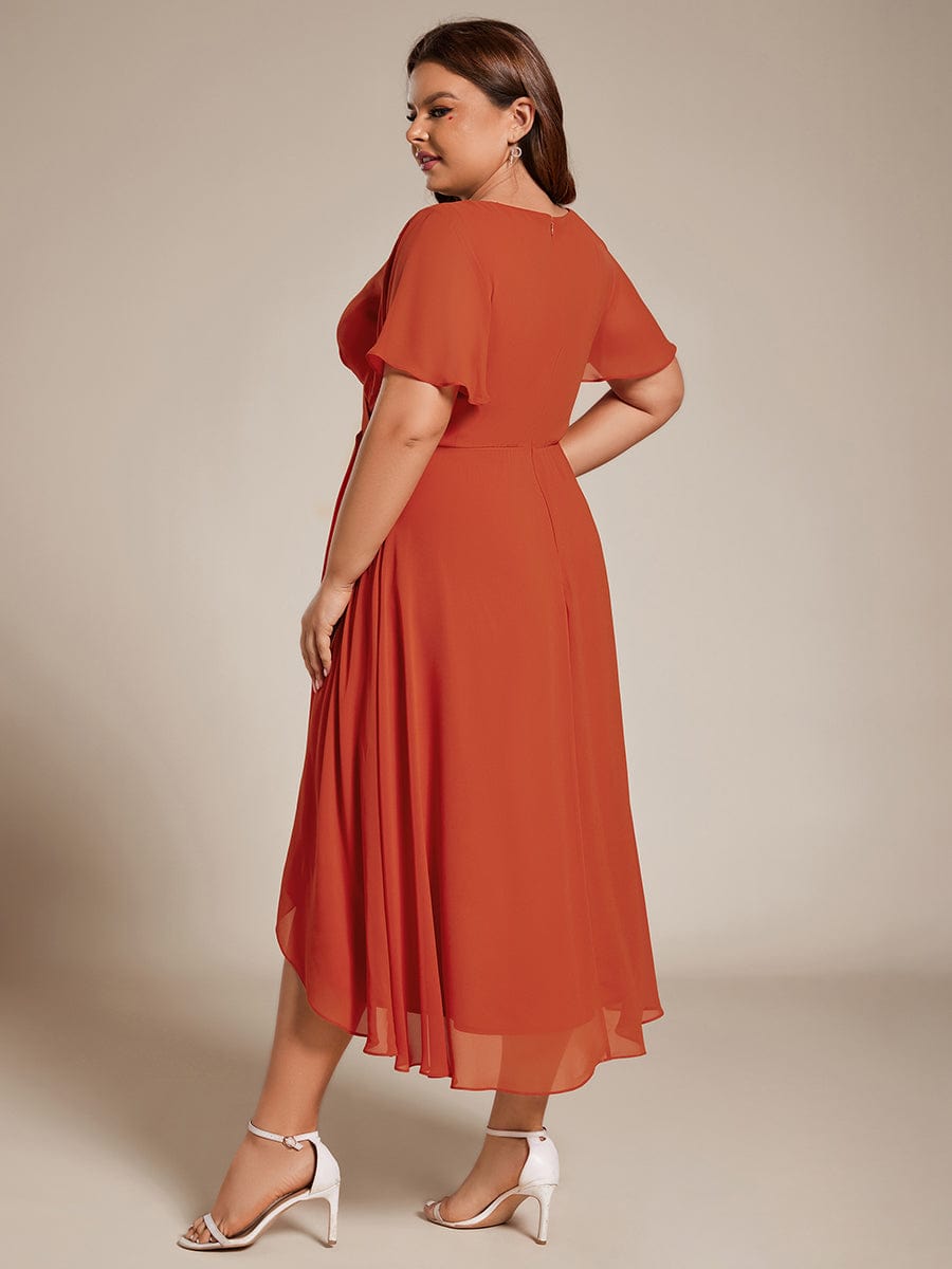 Plus Size Chiffon Short Sleeves Pleated V-Neck A-Line Midi Wedding Guest Dress  #color_Burnt Orange