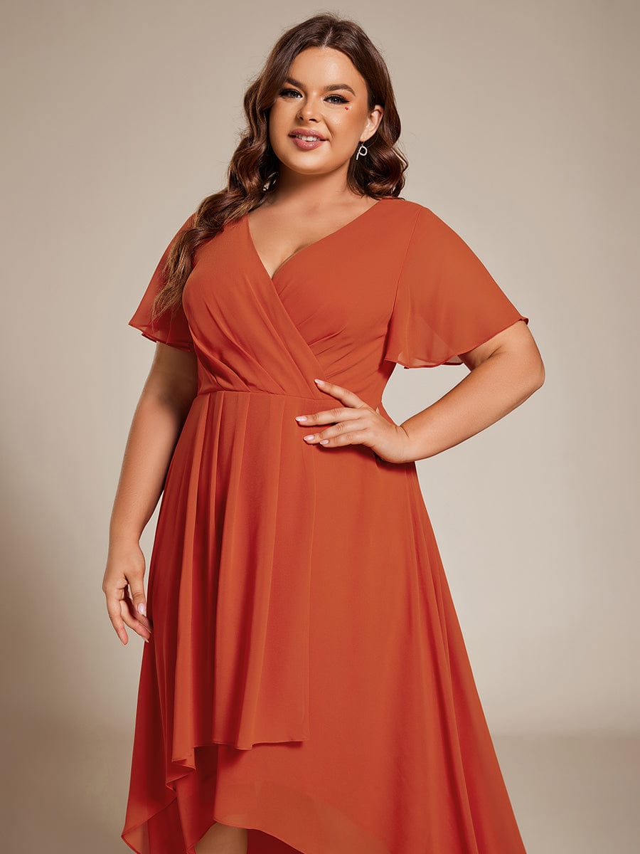 Pleated Chiffon Ruffles Sleeve Midi Bridesmaid Dress #color_Burnt Orange