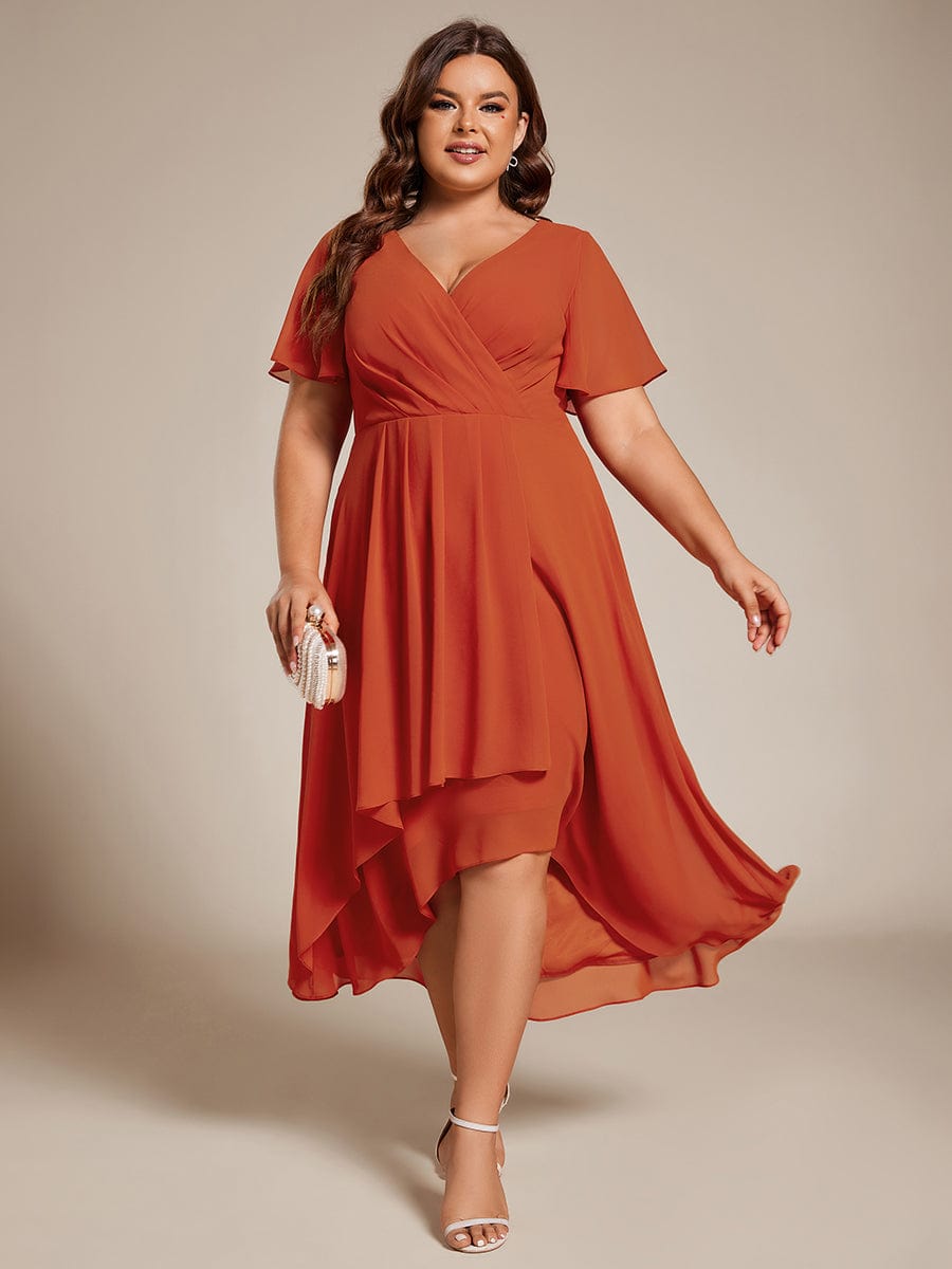 Pleated Chiffon Ruffles Sleeve Midi Bridesmaid Dress #color_Burnt Orange