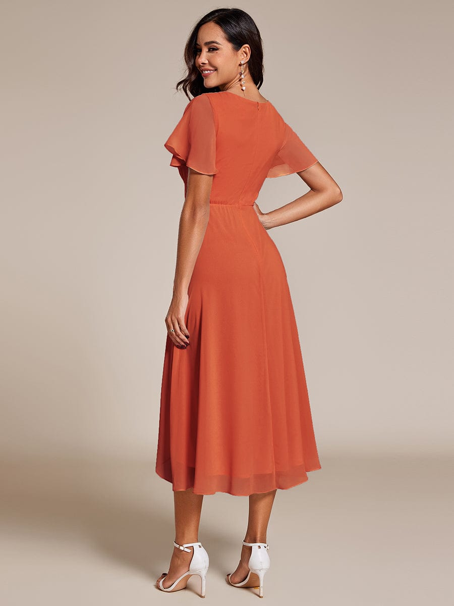 Pleated Chiffon Ruffles Sleeve Midi Bridesmaid Dress #color_Burnt Orange