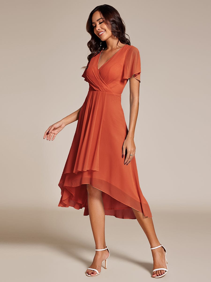 Pleated Chiffon Ruffles Sleeve Midi Bridesmaid Dress #color_Burnt Orange