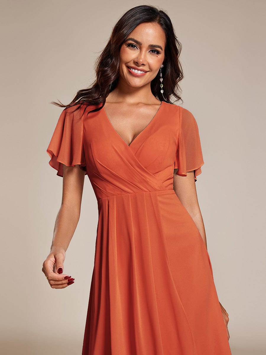 Pleated Chiffon Ruffles Sleeve Midi Bridesmaid Dress #color_Burnt Orange