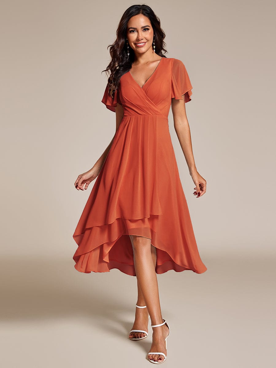 Pleated Chiffon Ruffles Sleeve Midi Bridesmaid Dress #color_Burnt Orange