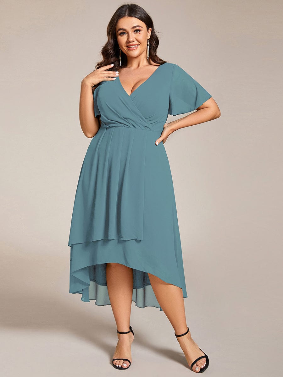 Plus Size Chiffon Short Sleeves Pleated V-Neck A-Line Midi Wedding Guest Dress  #color_Dusty Blue