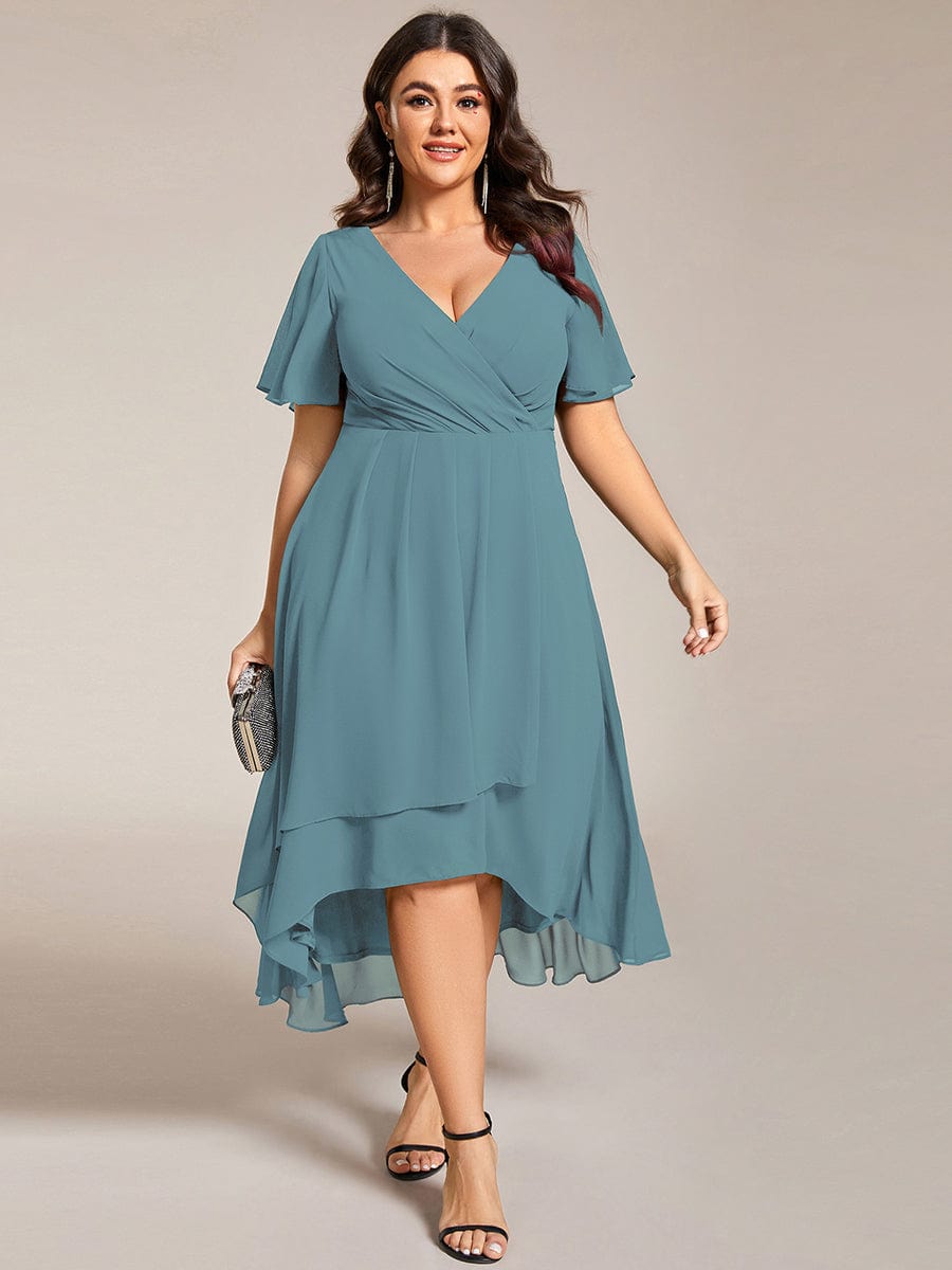 Plus Size Chiffon Short Sleeves Pleated V-Neck A-Line Midi Wedding Guest Dress  #color_Dusty Blue