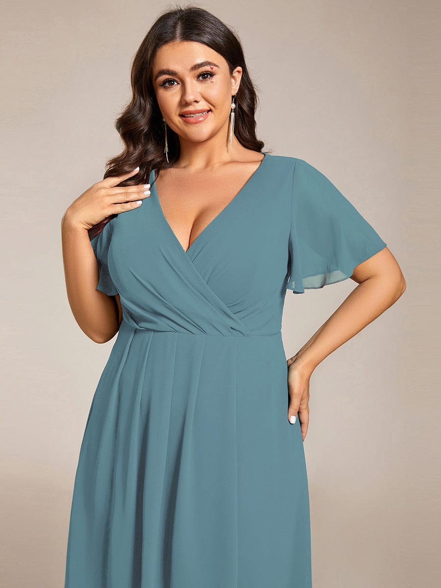 Pleated Chiffon Ruffles Sleeve Midi Bridesmaid Dress #color_Dusty Blue