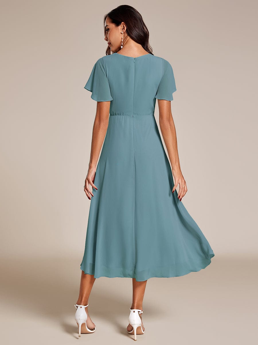 Pleated Chiffon Ruffles Sleeve Midi Bridesmaid Dress #color_Light Teal