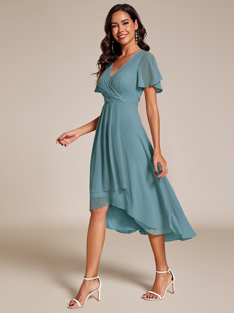 Pleated Chiffon Ruffles Sleeve Midi Bridesmaid Dress #color_Dusty Blue