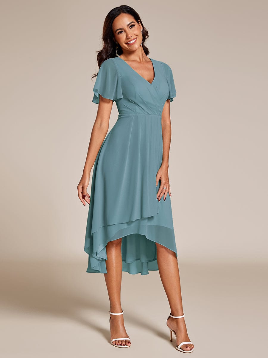 Pleated Chiffon Ruffles Sleeve Midi Bridesmaid Dress #color_Light Teal