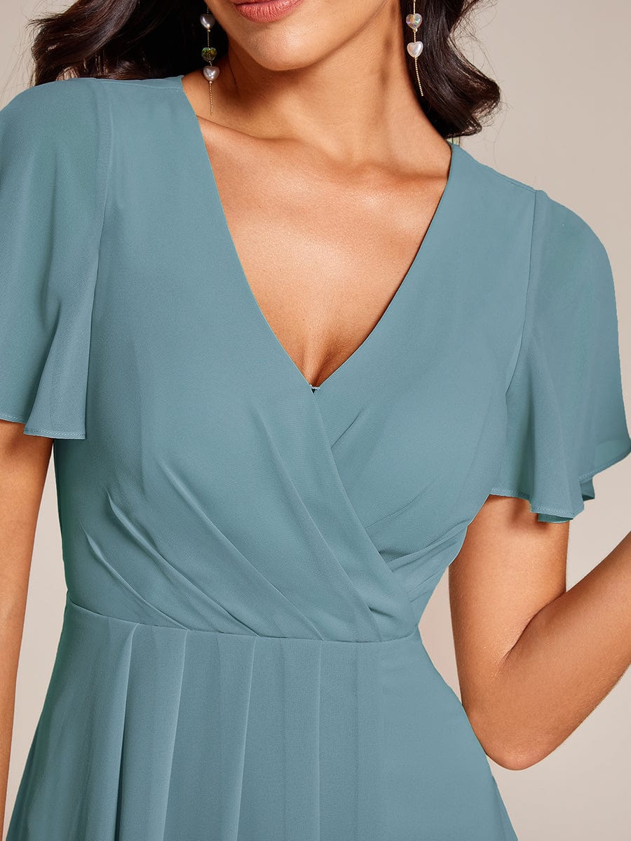 Pleated Chiffon Ruffles Sleeve Midi Bridesmaid Dress #color_Light Teal