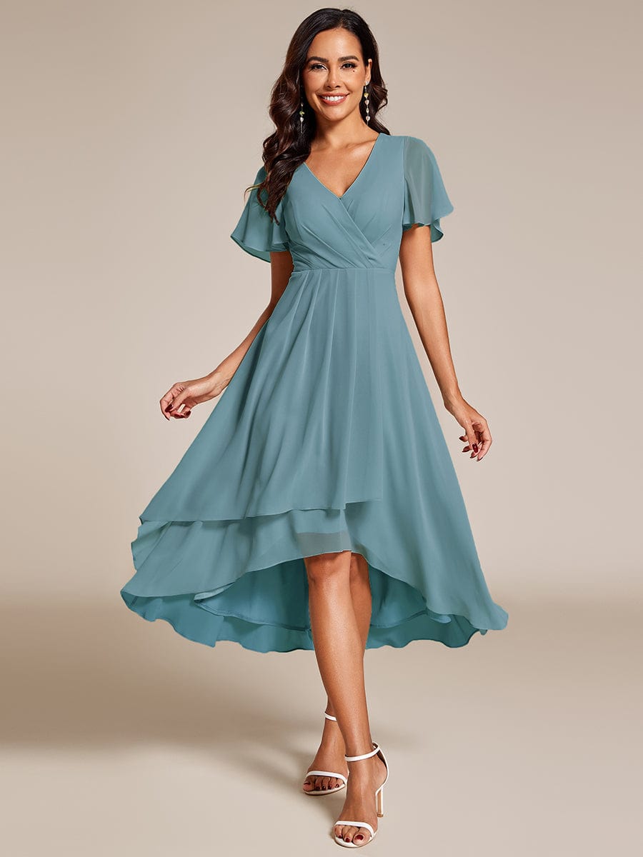 Pleated Chiffon Ruffles Sleeve Midi Bridesmaid Dress #color_Dusty Blue