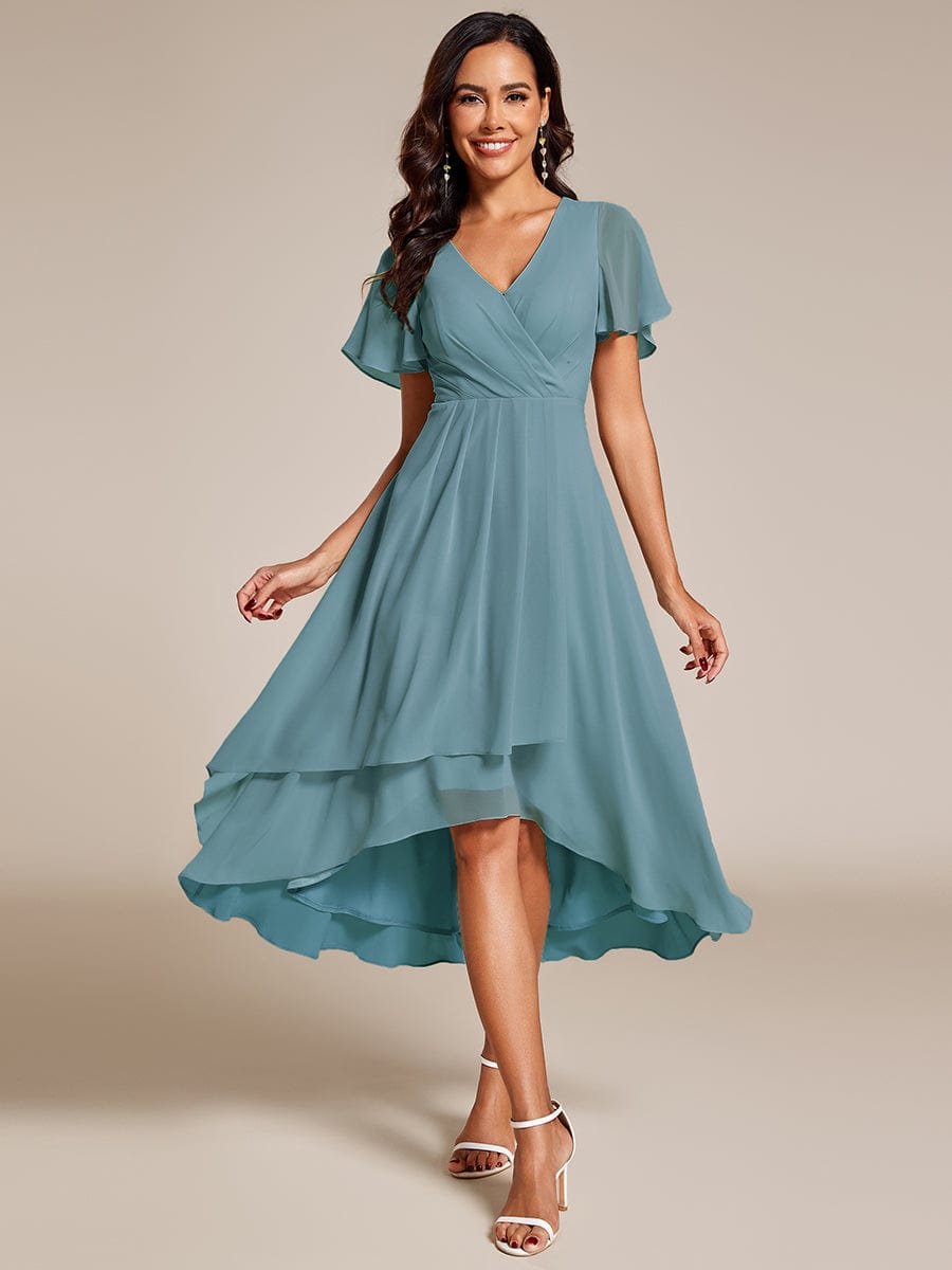 Ruffles Sleeve Pleated V-Neck A-Line Midi Chiffon Wedding Guest Dress #color_Dusty Blue