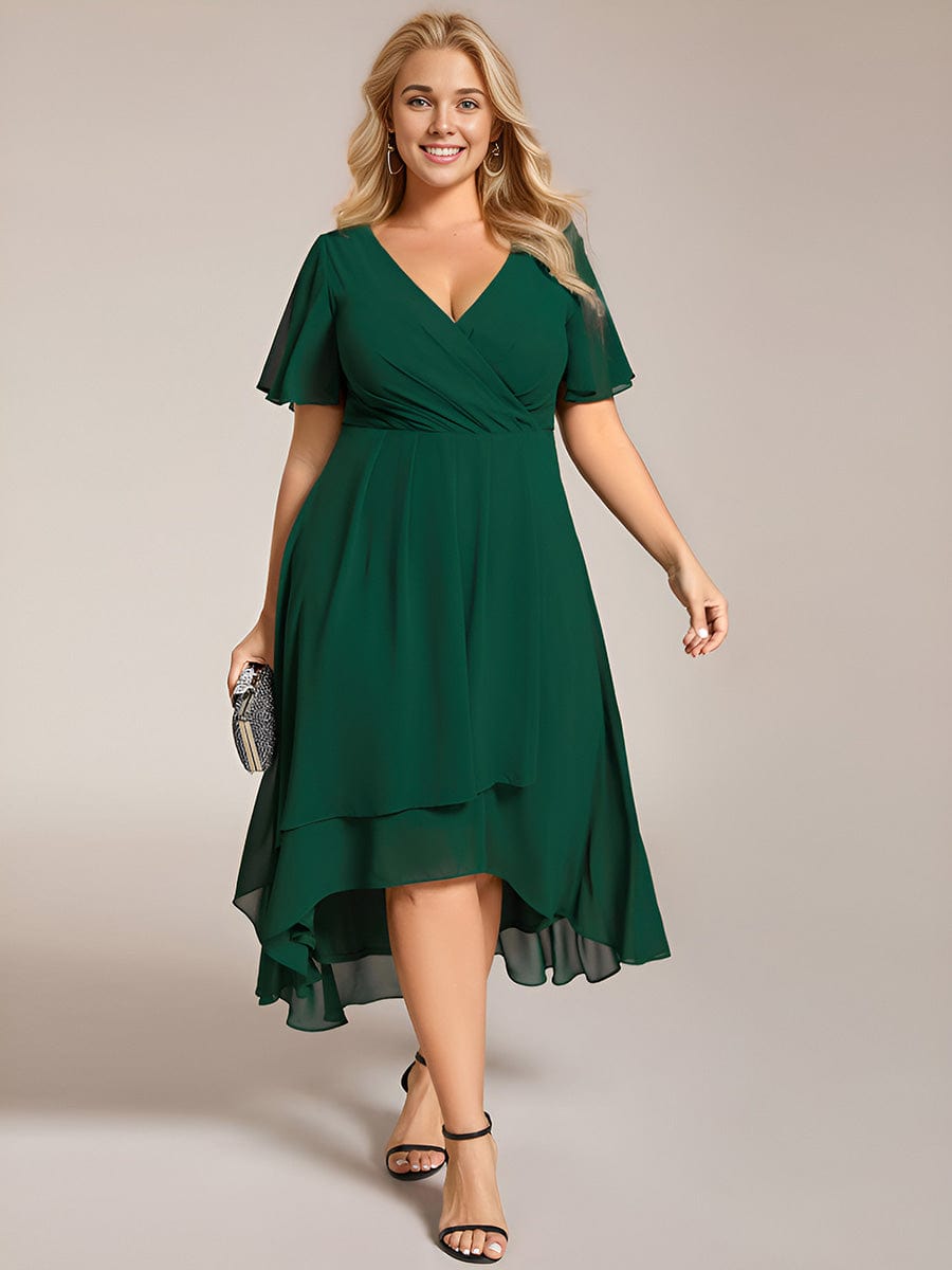 Plus Size Chiffon Short Sleeves Pleated V-Neck A-Line Midi Wedding Guest Dress #color_Dark Green