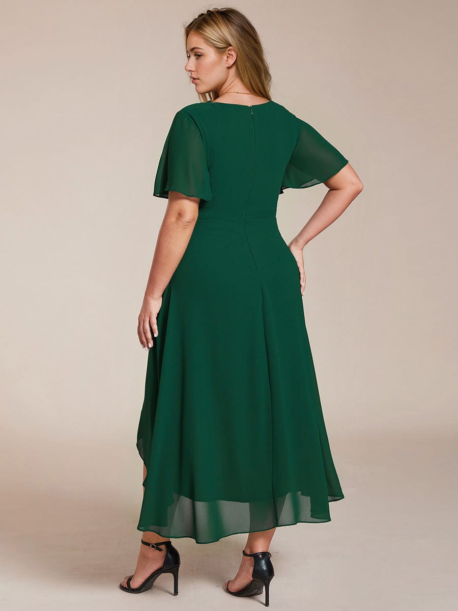 Plus Size Chiffon Short Sleeves Pleated V-Neck A-Line Midi Wedding Guest Dress #color_Dark Green