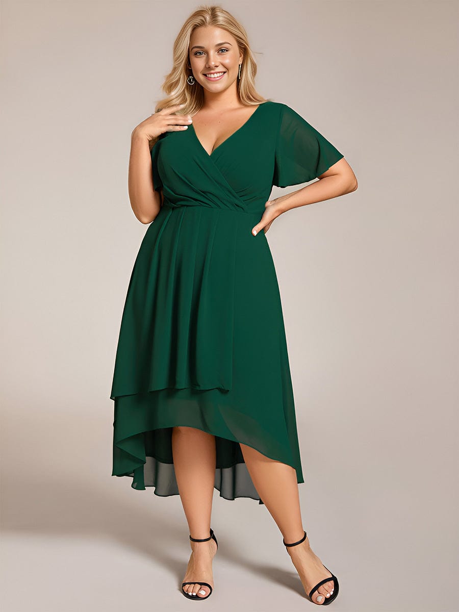 Pleated Chiffon Ruffles Sleeve Midi Bridesmaid Dress #color_Dark Green