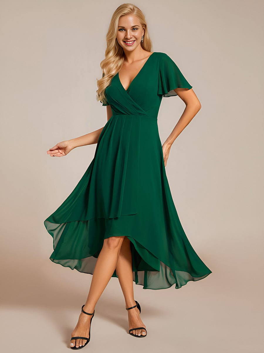 Pleated Chiffon Ruffles Sleeve Midi Bridesmaid Dress #color_Dark Green