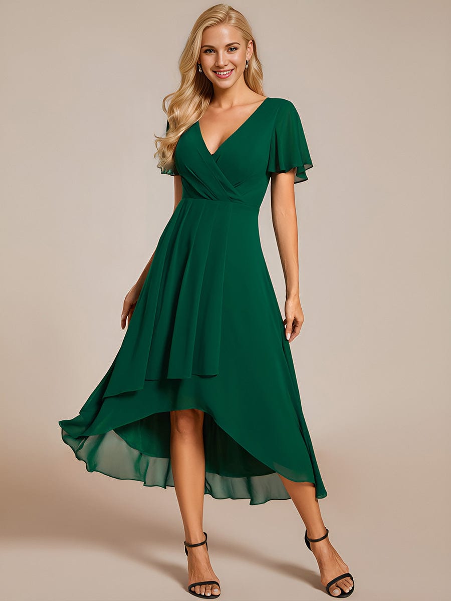 Pleated Chiffon Ruffles Sleeve Midi Bridesmaid Dress #color_Dark Green