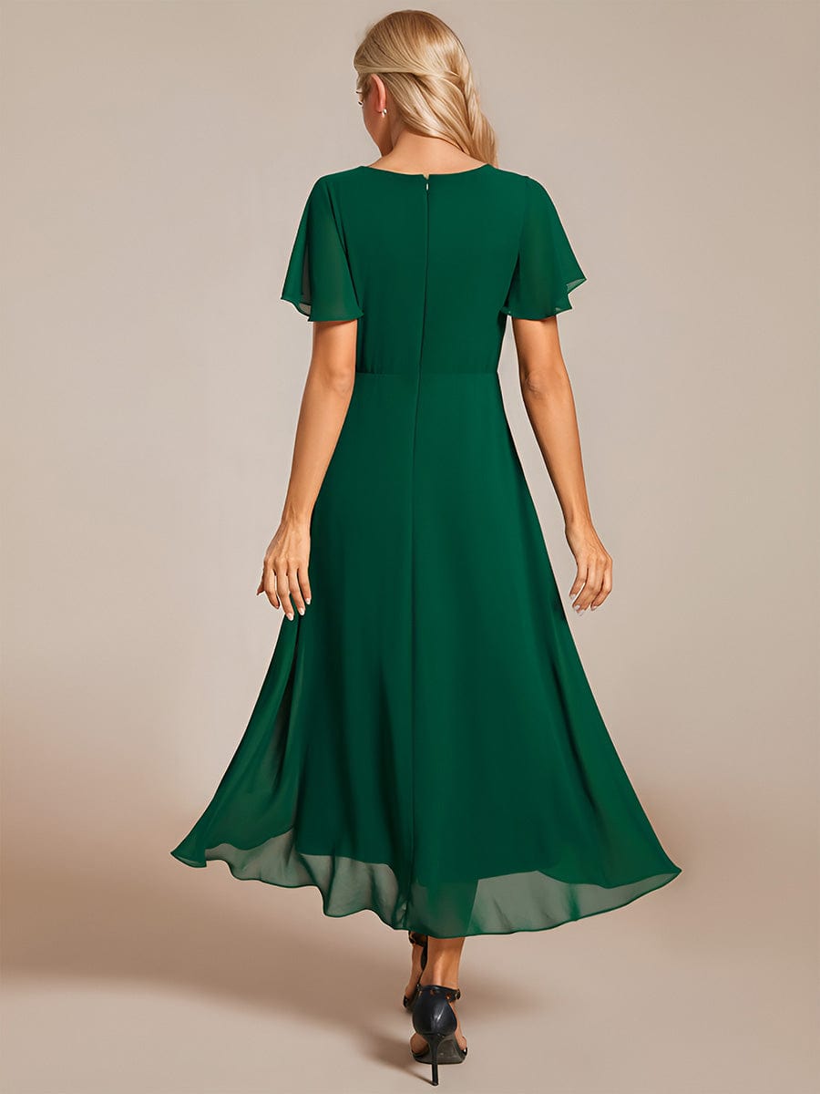 Ruffles Sleeve Pleated V-Neck A-Line Midi Chiffon Wedding Guest Dress #color_Dark Green