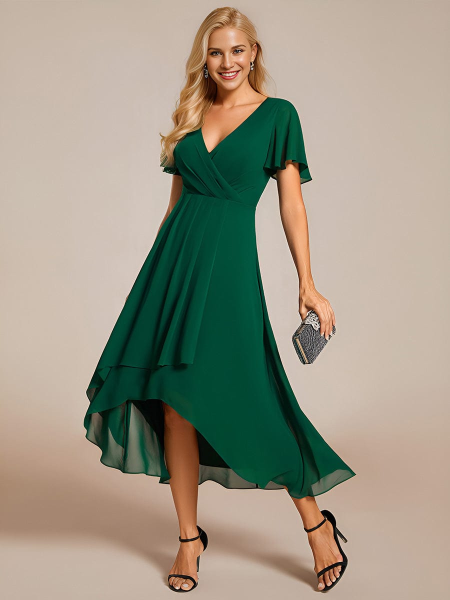 Pleated Chiffon Ruffles Sleeve Midi Bridesmaid Dress #color_Dark Green