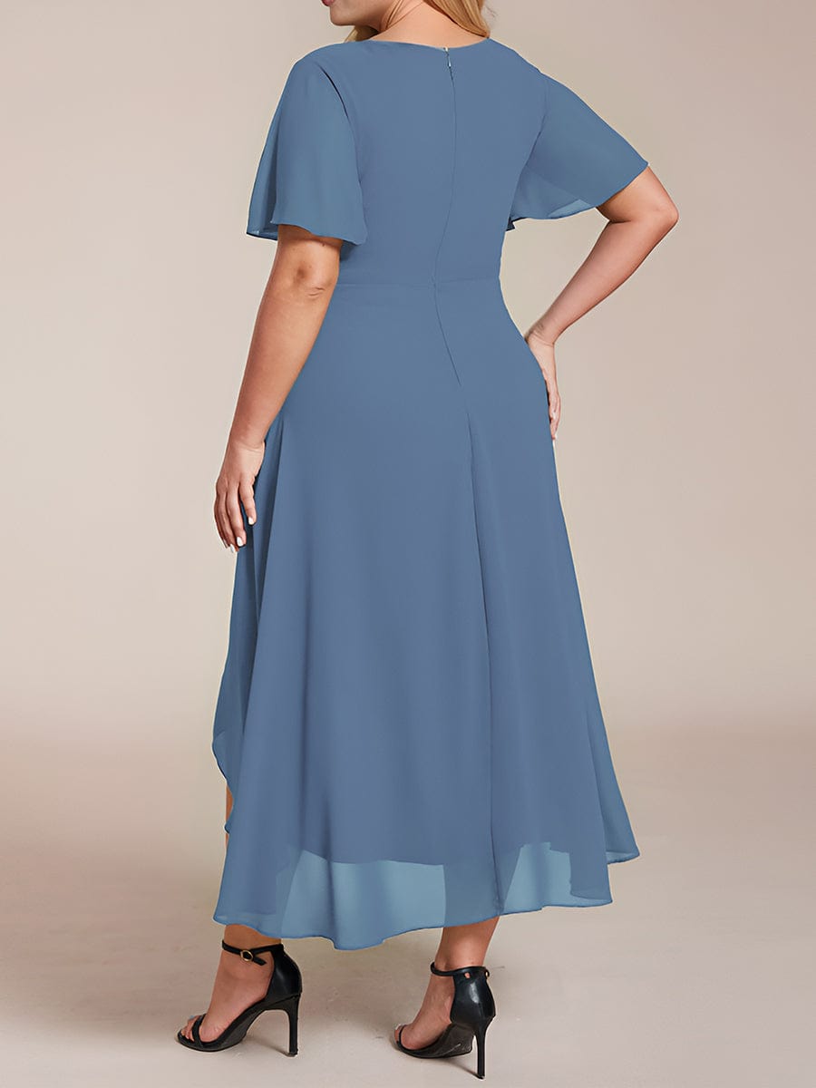 Pleated Chiffon Ruffles Sleeve Midi Bridesmaid Dress #color_Dusty Blue