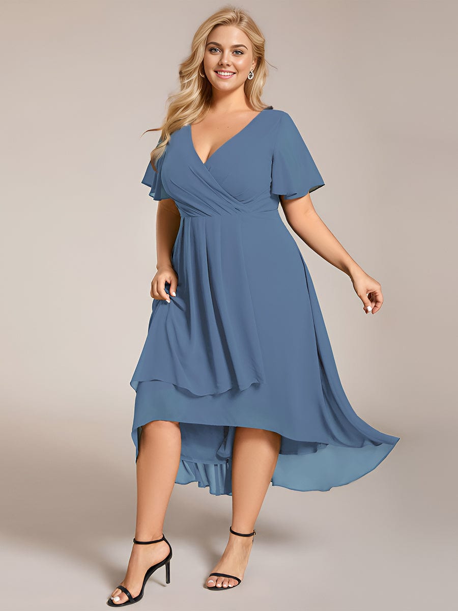 Pleated Chiffon Ruffles Sleeve Midi Bridesmaid Dress #color_Dusty Blue