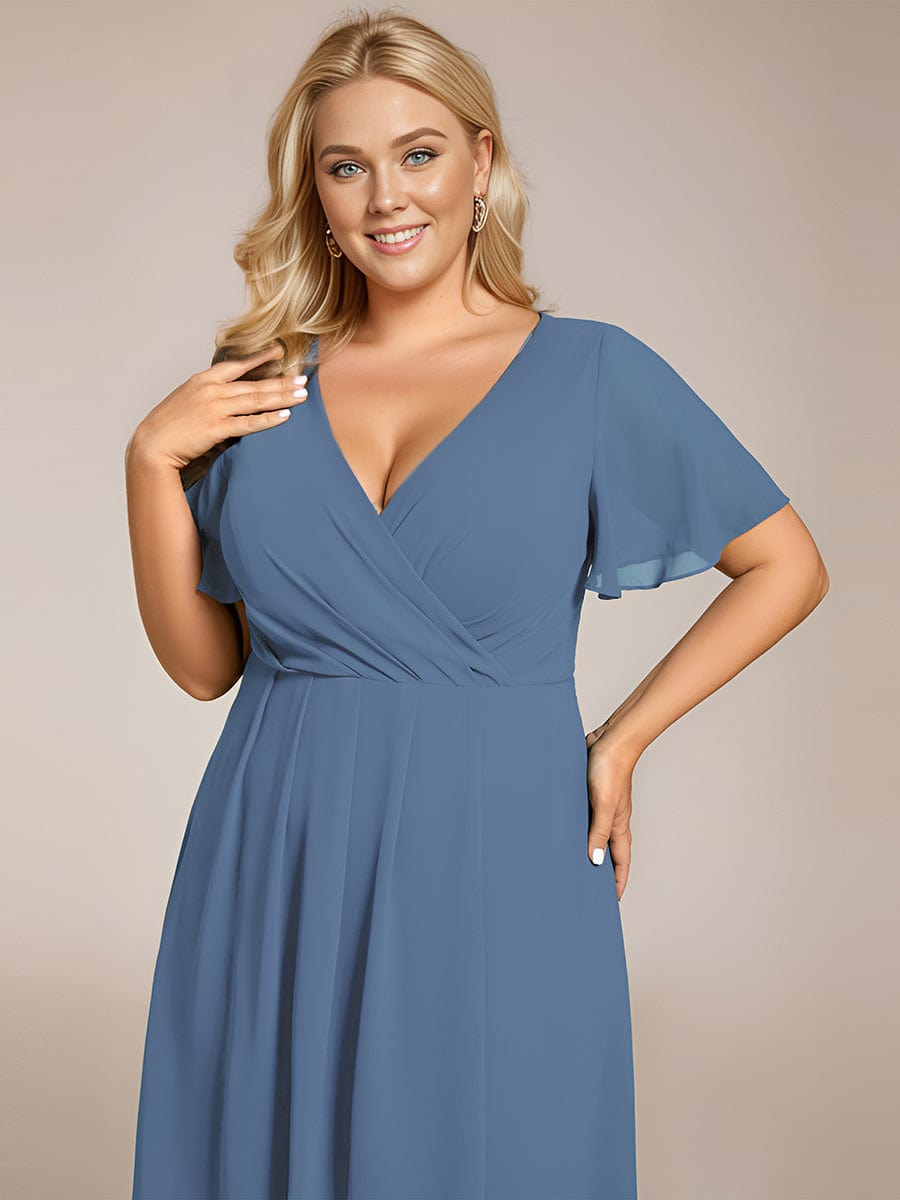 Pleated Chiffon Ruffles Sleeve Midi Bridesmaid Dress #color_Dusty Navy