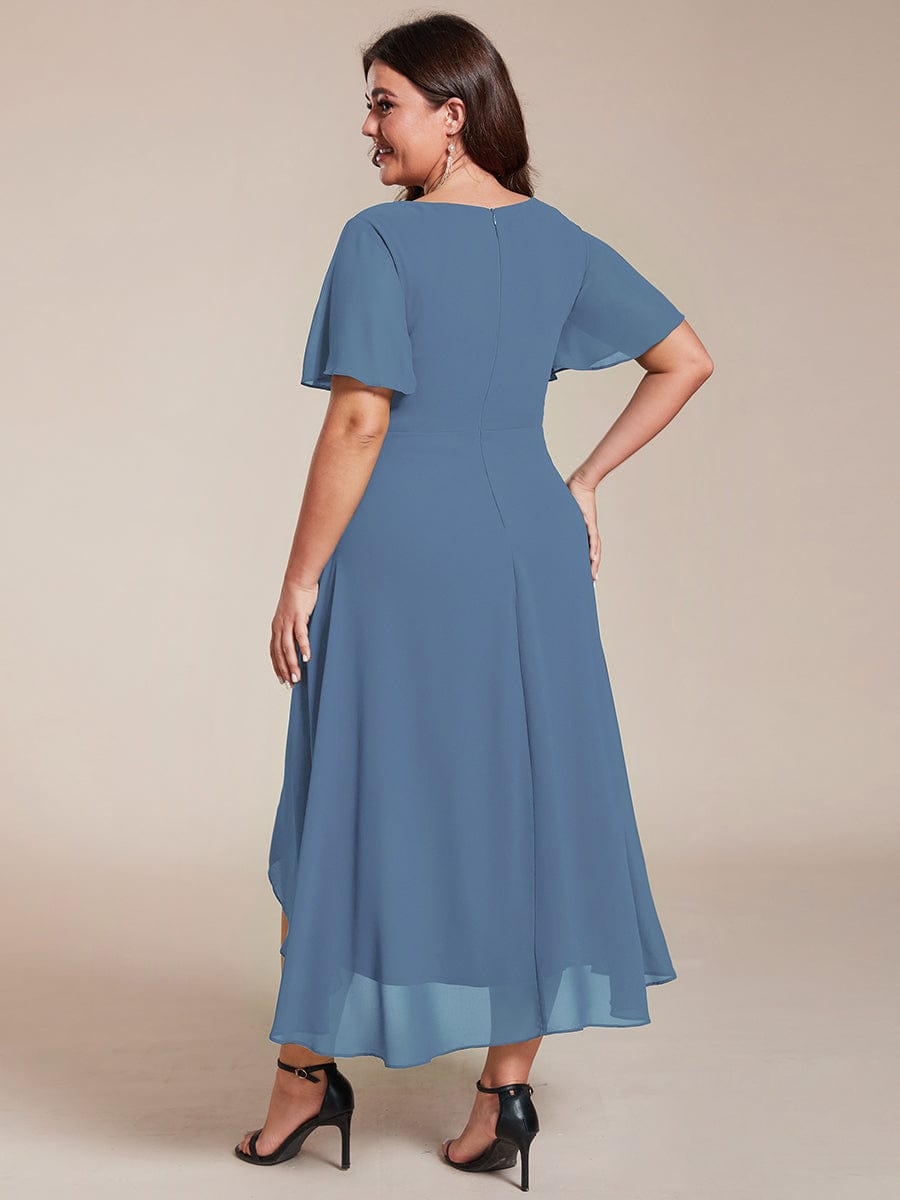Plus Size Chiffon Short Sleeves Pleated V-Neck A-Line Midi Wedding Guest Dress #color_Dusty Navy