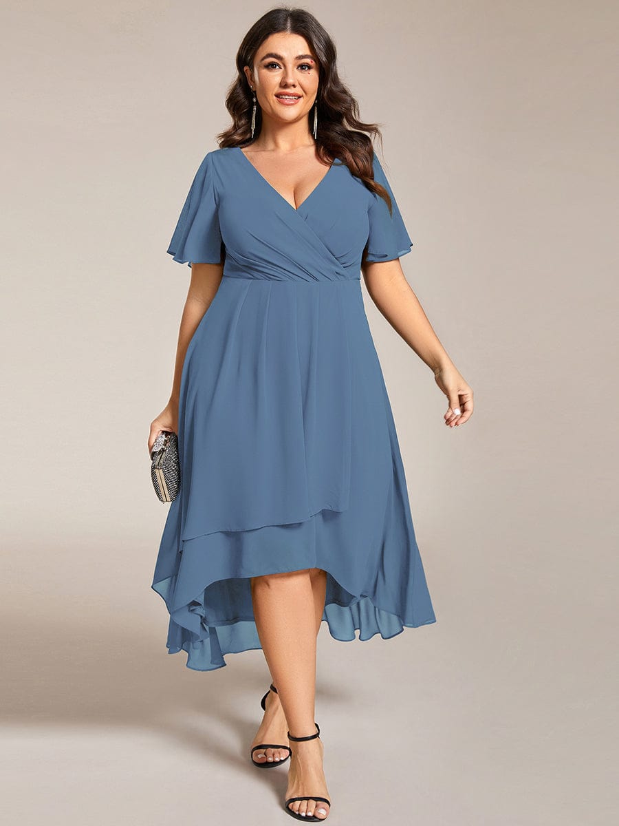 Plus Size Chiffon Short Sleeves Pleated V-Neck A-Line Midi Wedding Guest Dress #color_Dusty Navy