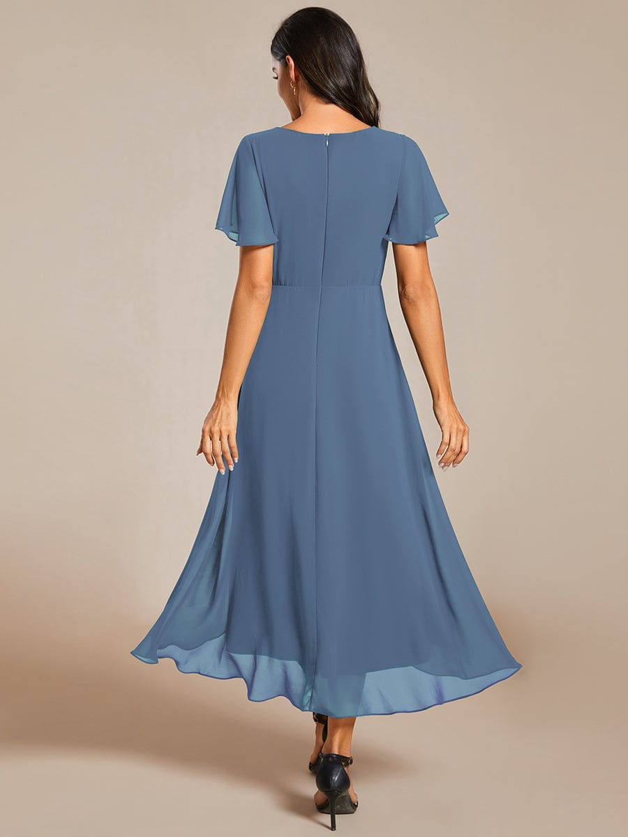 Pleated Chiffon Ruffles Sleeve Midi Bridesmaid Dress #color_Dusty Blue