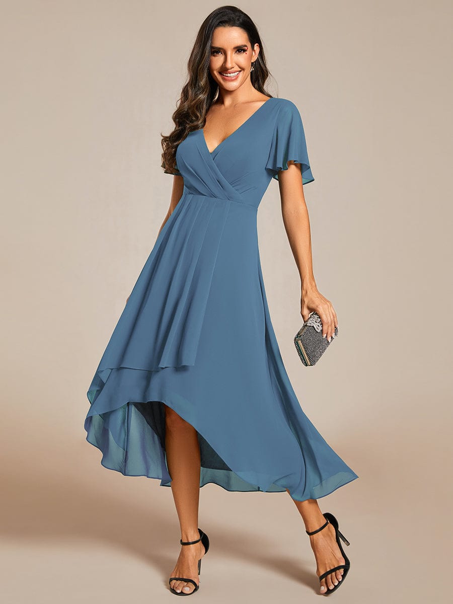 Pleated Chiffon Ruffles Sleeve Midi Bridesmaid Dress #color_Dusty Navy