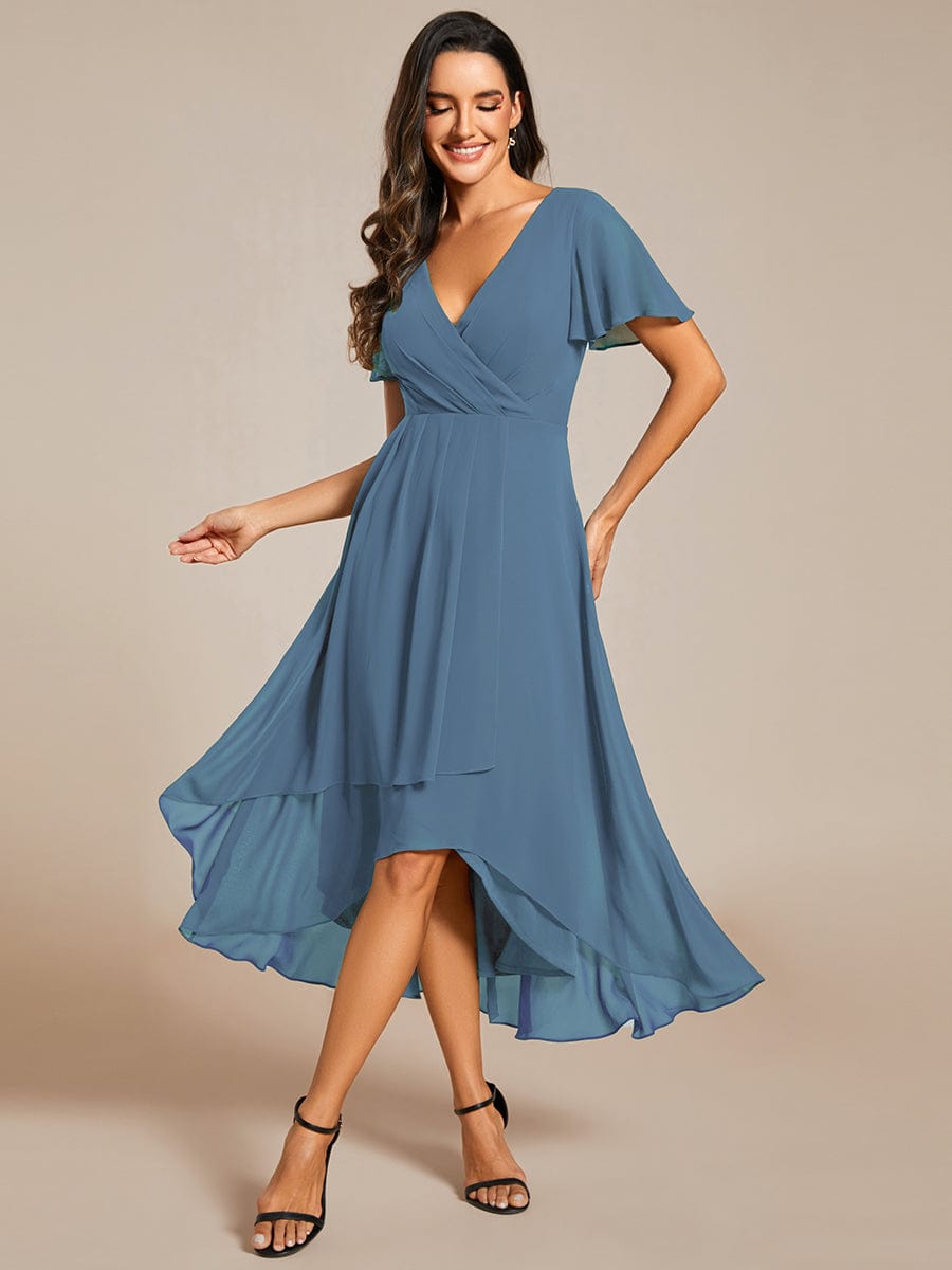 Pleated Chiffon Ruffles Sleeve Midi Bridesmaid Dress #color_Dusty Blue