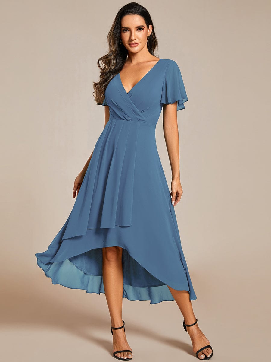 Pleated Chiffon Ruffles Sleeve Midi Bridesmaid Dress #color_Dusty Navy