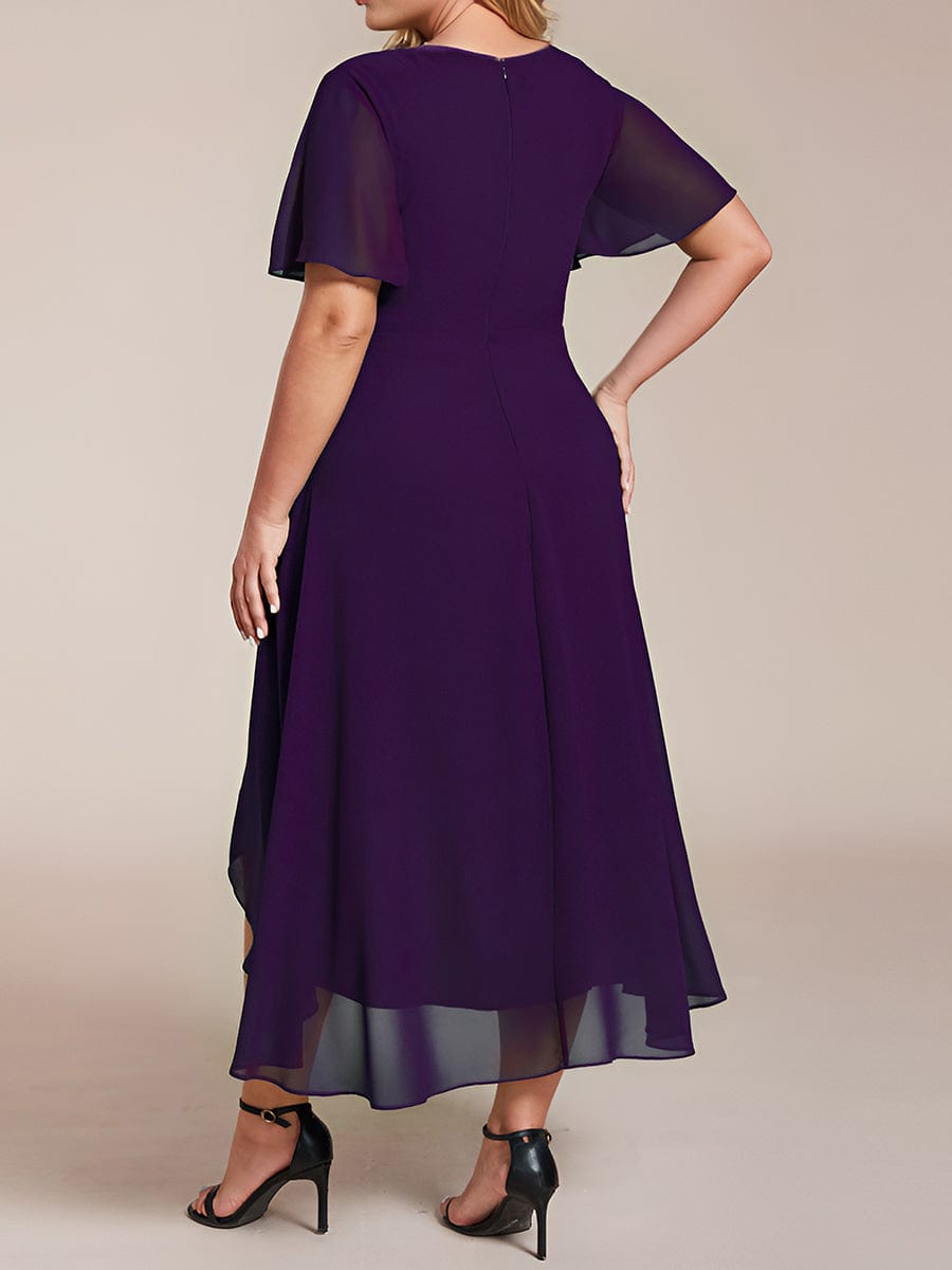 Ruffles Sleeve Pleated V-Neck A-Line Midi Chiffon Wedding Guest Dress #color_Dark Purple