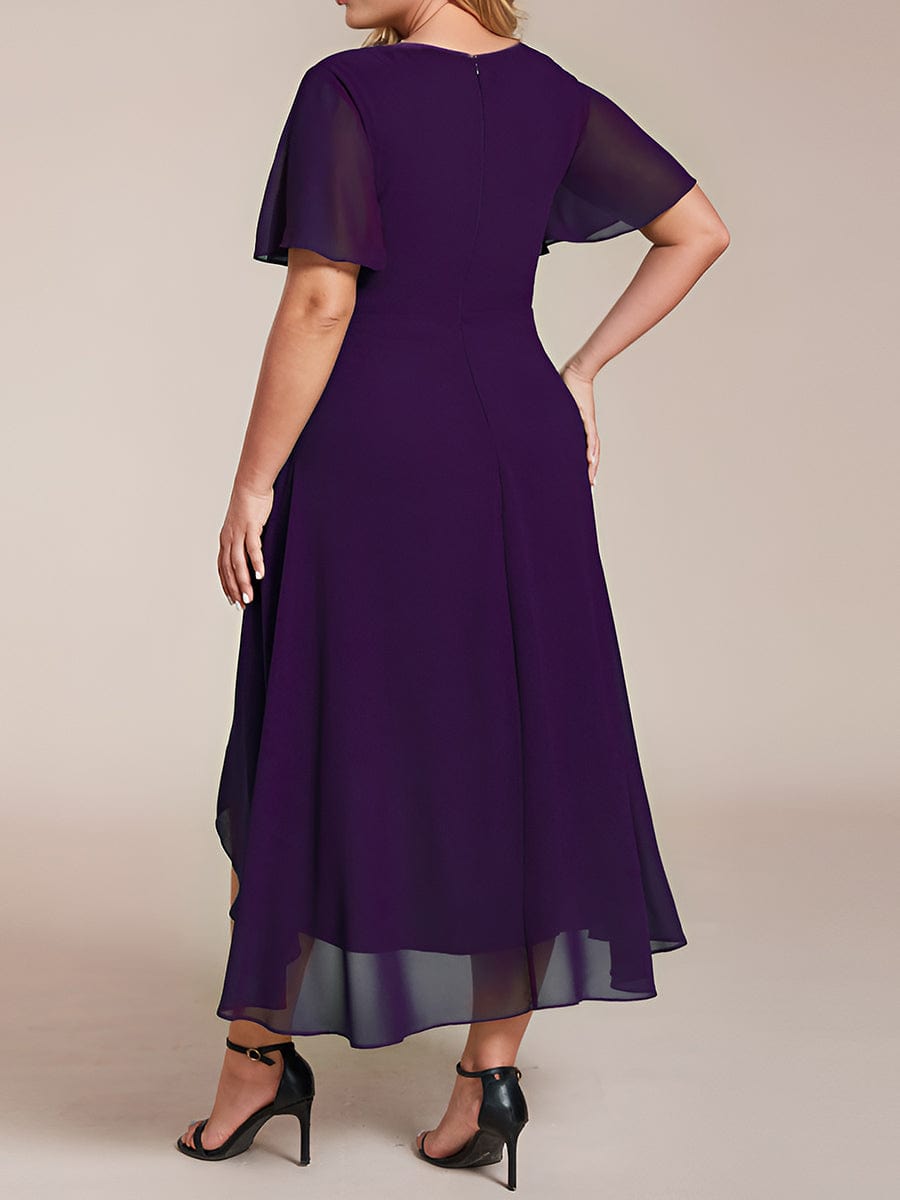 Pleated Chiffon Ruffles Sleeve Midi Bridesmaid Dress #color_Dark Purple