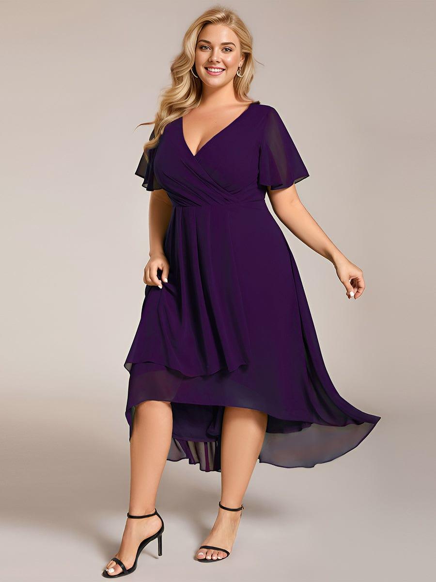 Pleated Chiffon Ruffles Sleeve Midi Bridesmaid Dress #color_Dark Purple