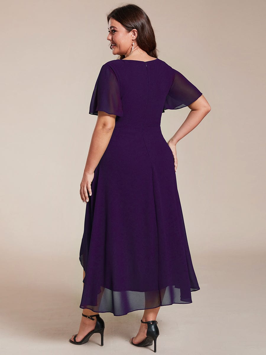 Plus Size Chiffon Short Sleeves Pleated V-Neck A-Line Midi Wedding Guest Dress #color_Dark Purple