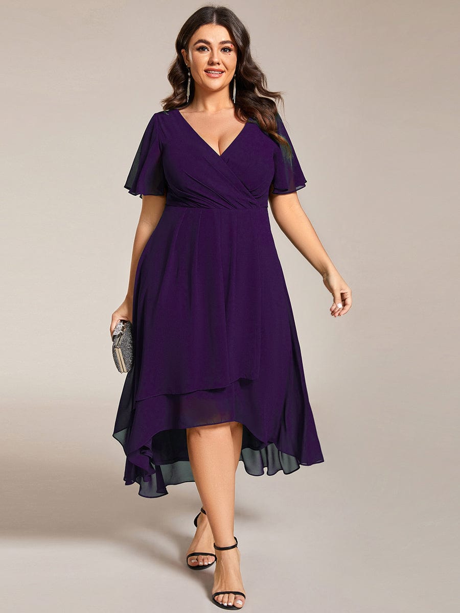 Plus Size Chiffon Short Sleeves Pleated V-Neck A-Line Midi Wedding Guest Dress #color_Dark Purple