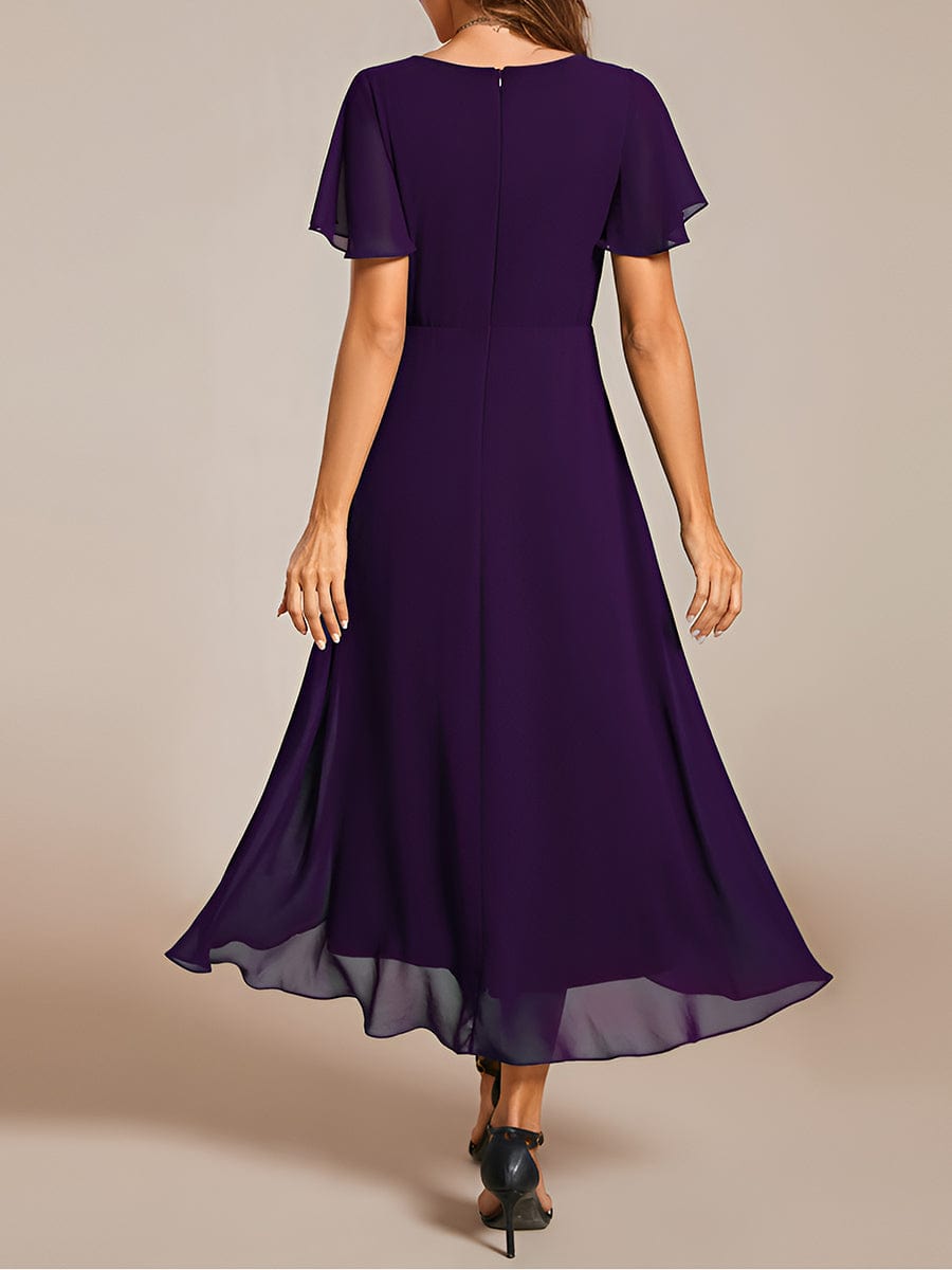 Pleated Chiffon Ruffles Sleeve Midi Bridesmaid Dress #color_Dark Purple