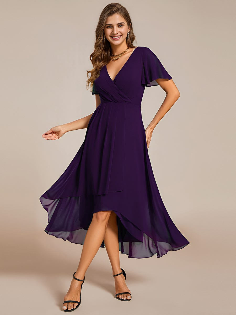 Pleated Chiffon Ruffles Sleeve Midi Bridesmaid Dress #color_Dark Purple