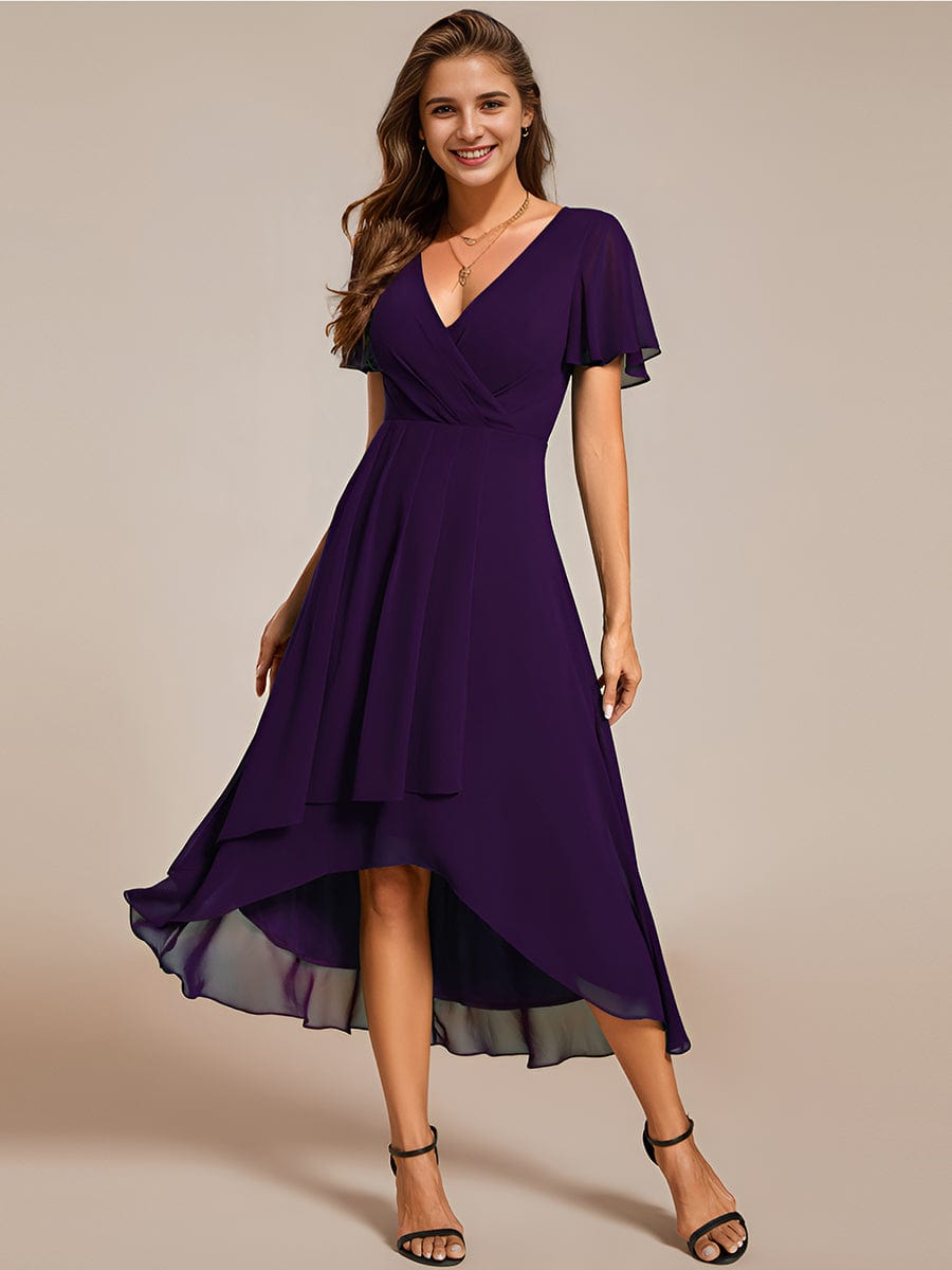 Pleated Chiffon Ruffles Sleeve Midi Bridesmaid Dress #color_Dark Purple