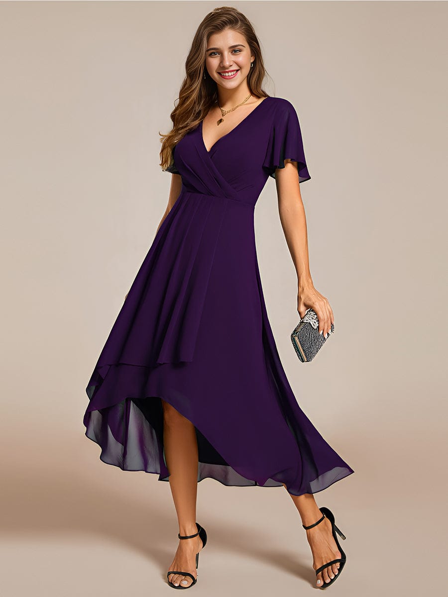 Pleated Chiffon Ruffles Sleeve Midi Bridesmaid Dress #color_Dark Purple