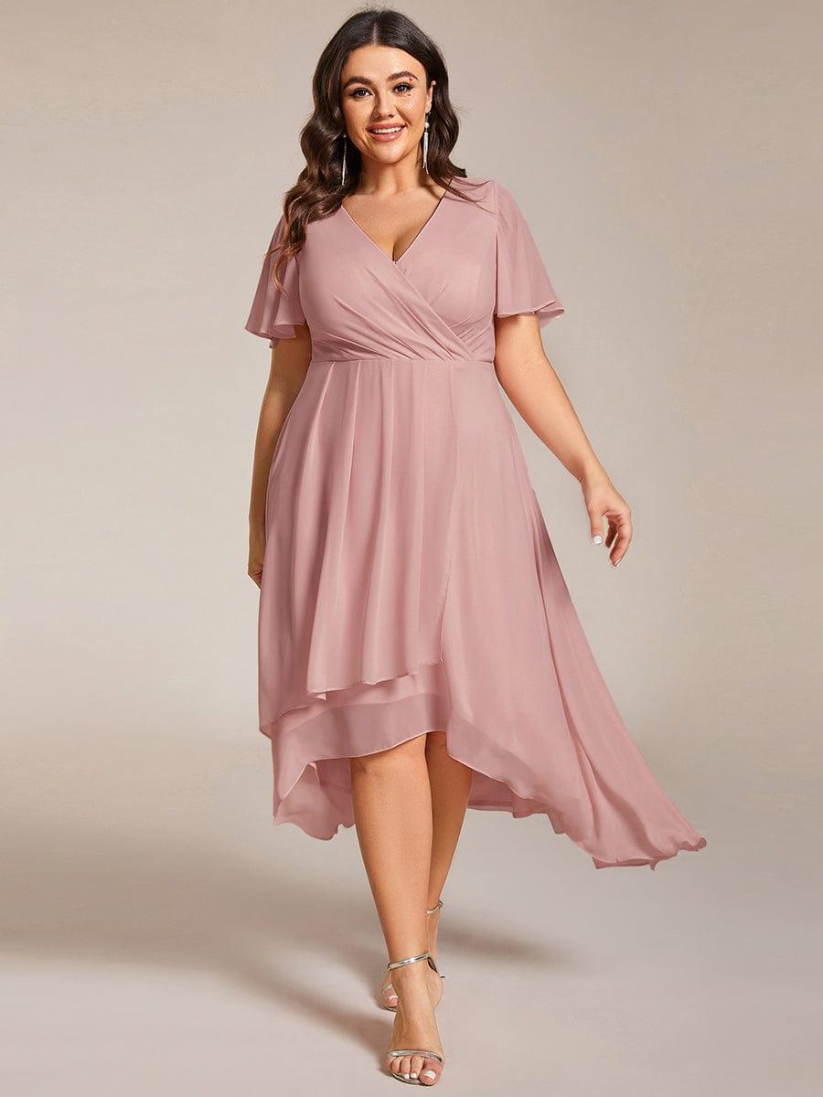 Flowy Ruffles Sleeve V-Neck A-Line Midi Chiffon Wedding Guest Dress #color_Dusty Rose