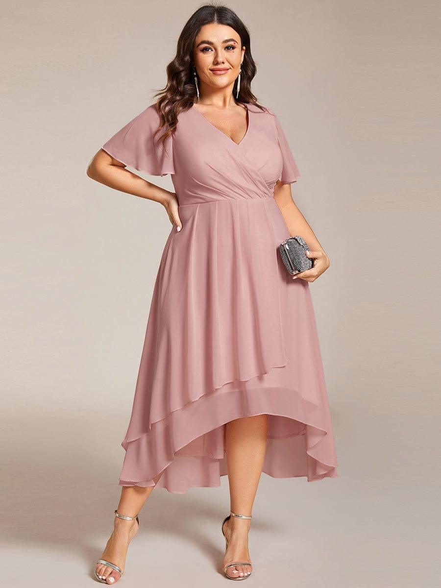 Flowy Ruffles Sleeve V-Neck A-Line Midi Chiffon Wedding Guest Dress #color_Dusty Rose