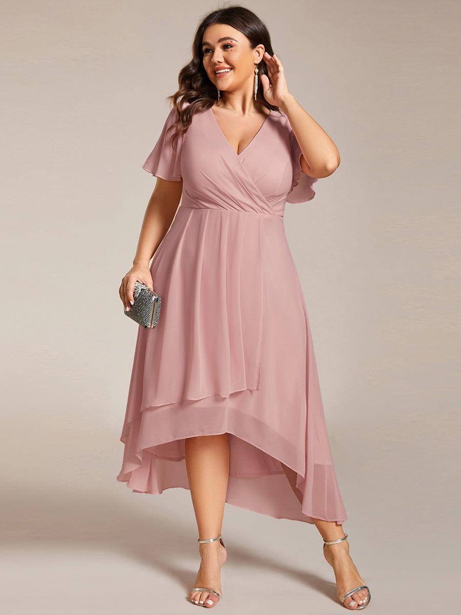 Flowy Ruffles Sleeve V-Neck A-Line Midi Chiffon Wedding Guest Dress #color_Dusty Rose