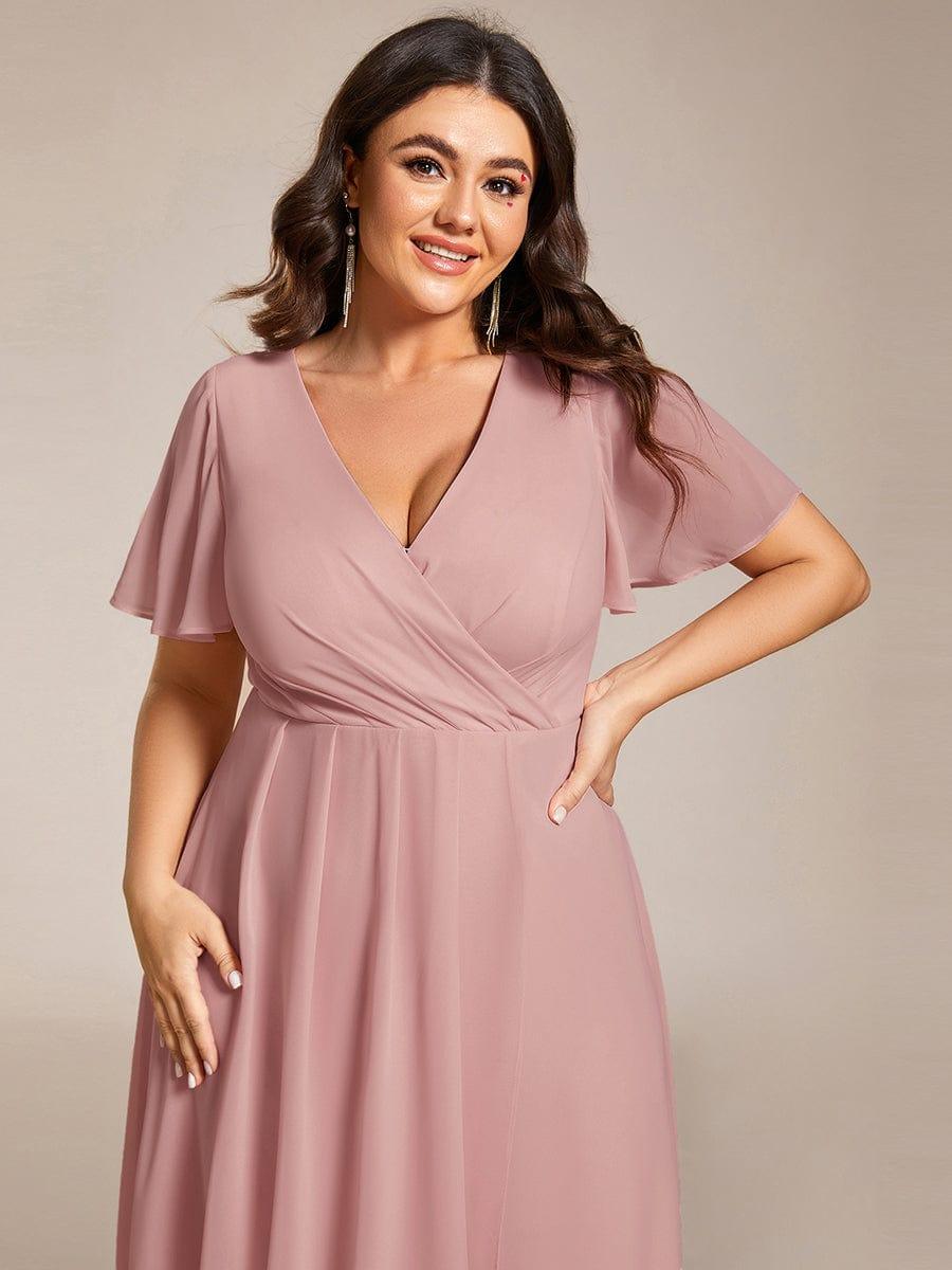 Flowy Ruffles Sleeve V-Neck A-Line Midi Chiffon Wedding Guest Dress #color_Dusty Rose